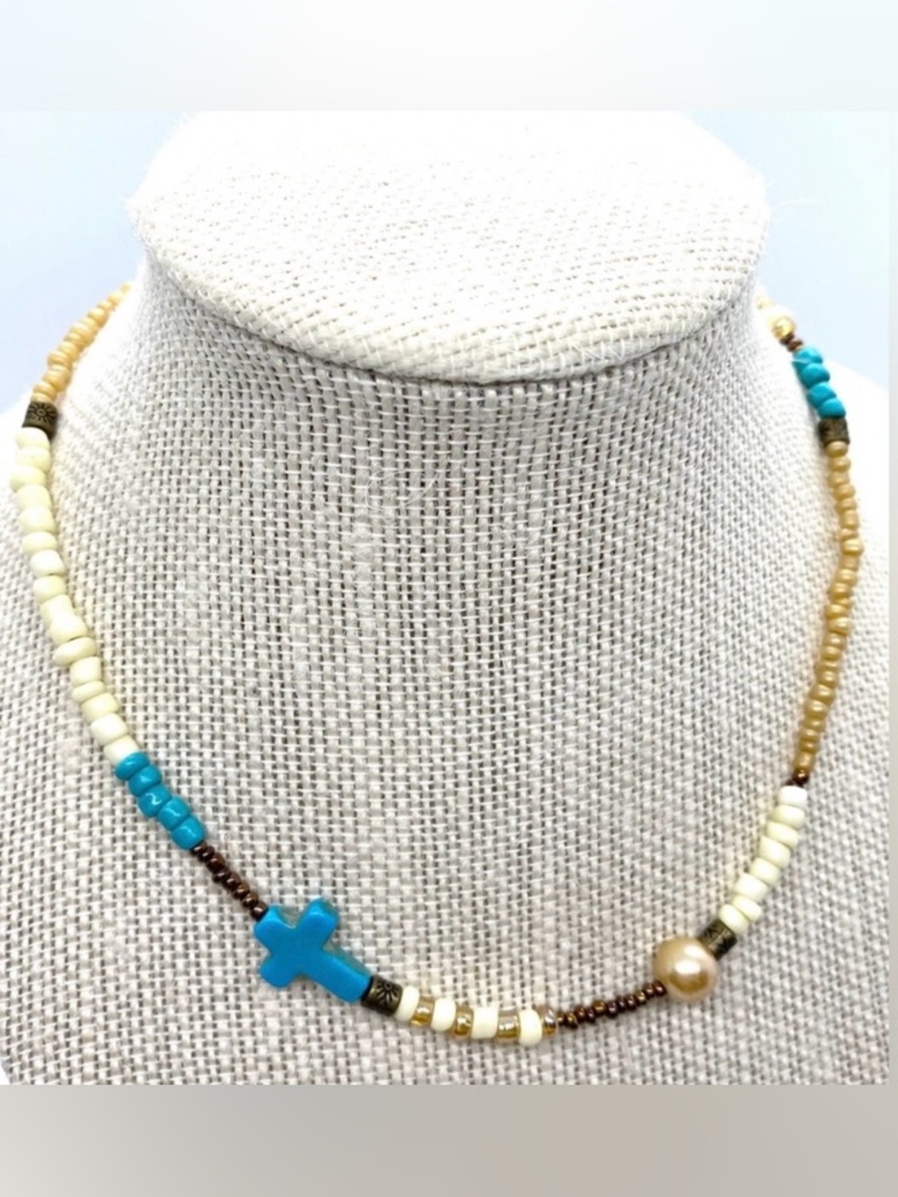 Blue Cross Cream Gold Beaded Necklace Boho Y2K Southwestern Festival Eclectic